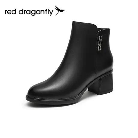 红蜻蜓真皮时装靴女2023年冬短靴粗跟软底妈妈皮鞋保暖棉鞋靴子商品大图