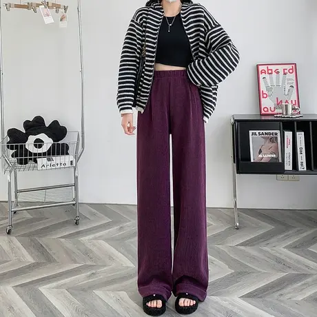 紫色灯芯绒阔腿裤女2023新款秋冬条绒高腰宽松垂感加厚休闲直筒裤商品大图