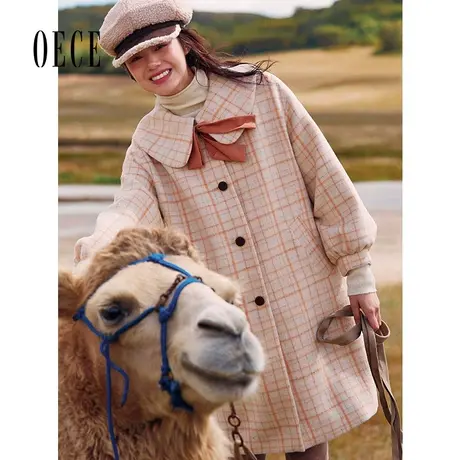 Oece2022新款女复古格子毛呢大衣中长款冬呢子外套森系商品大图