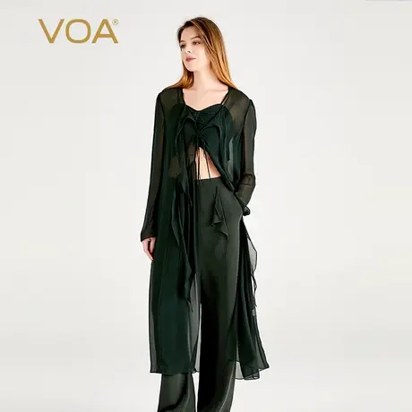 VOA桑蚕丝乔其纱墨绿V领长袖系带宽松立体装饰直筒真丝风衣外套商品大图