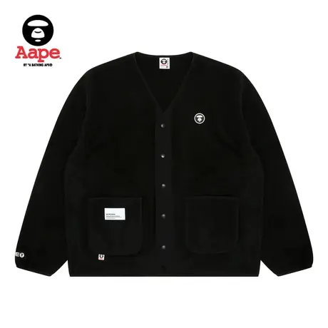 Aape旗舰店男装秋冬猿颜徽章绒面V领休闲卫衣外套A318XXL商品大图