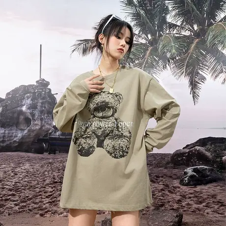 YEP美式潮牌小熊印花长袖t恤女秋季薄款宽松圆领上衣ins高级感商品大图