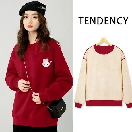 ZR真维斯卫衣2023新款女秋冬羊羔绒圆领卫衣加绒加厚红色上衣外套图片