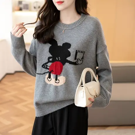 2023秋冬新款韩版宽松圆领米老鼠提花针织衫毛衣女士百搭上衣套头商品大图