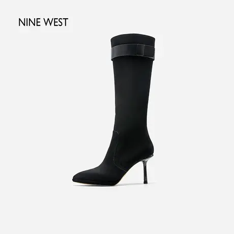 Nine West/玖熙明星同款羊反绒烤漆饰扣长筒靴2023冬季新款高跟鞋商品大图