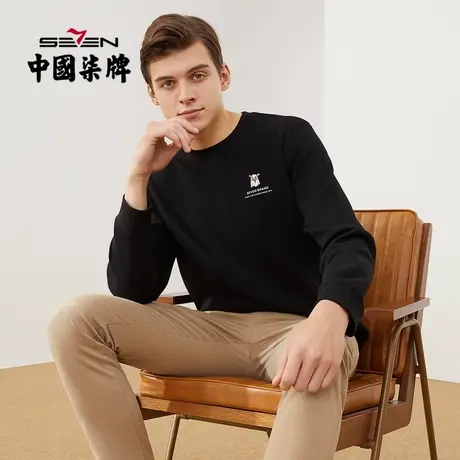 柒牌清仓男士柒先生系列长袖套头卫衣运动休闲风鹰头绣章多色T恤图片