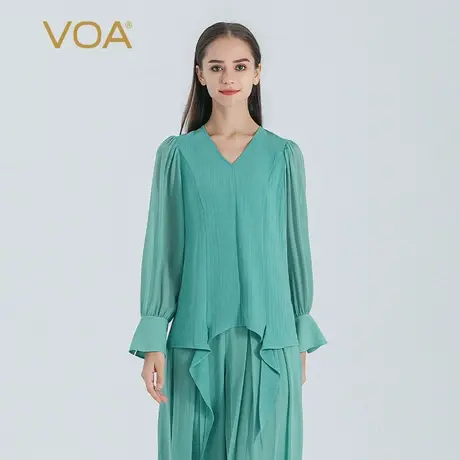 VOA41姆米无界重磅桑蚕丝V领拼接乔其丝绸长袖宽松款真丝套头T恤图片