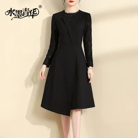 水墨青华时尚收腰显瘦连衣裙春季新款假两件蕾丝拼接打底裙商品大图