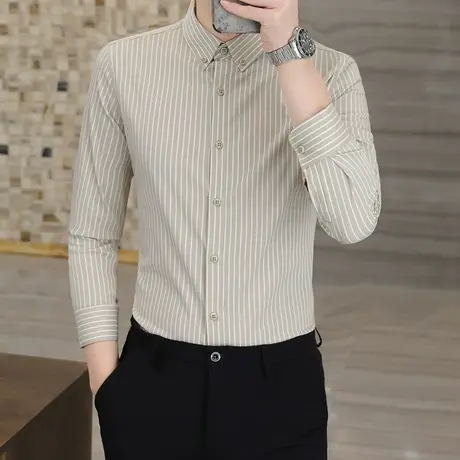 秋季男士衬衫长袖条纹男装上衣修身潮流休闲衬衣商务职业工装寸衫商品大图