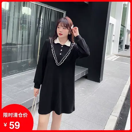 【清仓】新款翻领减龄甜美气质胖MM连衣裙针织弹力显瘦大码小黑裙商品大图