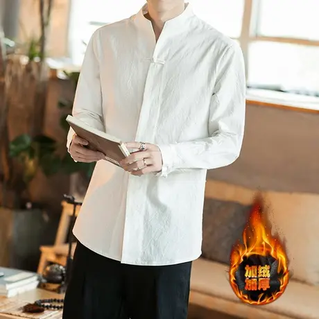 春季中式衬衣汉服禅服复古茶服大码青年盘扣唐装长袖衬衫居士服商品大图