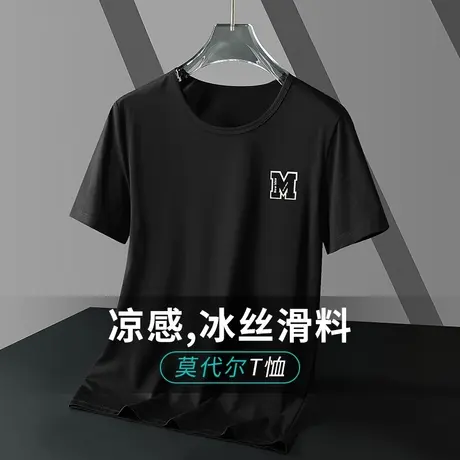 莫代尔短袖t恤男装2024新款夏季冰丝凉感速干半袖体恤黑色上衣服商品大图