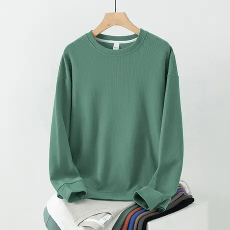 华夫格卫衣男生春秋款加绒加厚套头无帽上衣圆领长袖t恤潮流百搭商品大图