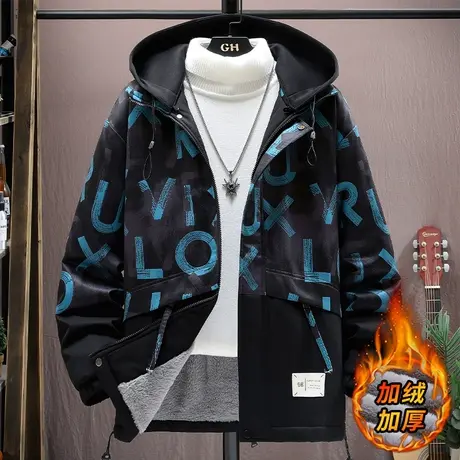 冬季外套男款潮牌字母印花连帽夹克青少年休闲宽松加绒加厚派克服商品大图