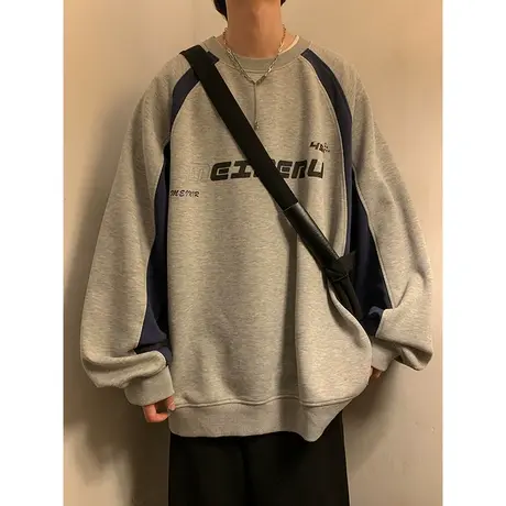 春秋季新款拼色字母印花圆领卫衣男ins潮流宽松套头休闲打底上衣商品大图