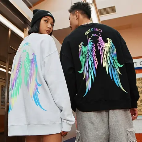 木村三社SANSYAS 圆领美式卫衣男女同款翅膀纯棉宽松情侣装上衣潮商品大图