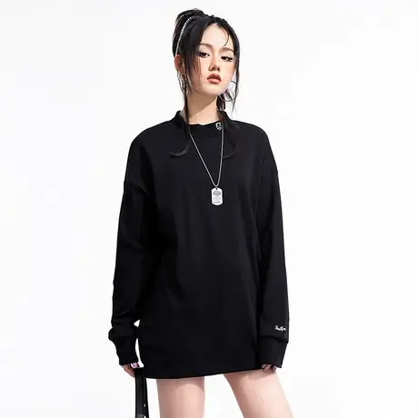 YEP国潮LOGO刺绣小高领长袖t恤女春秋薄款宽松打底衫很仙的上衣商品大图