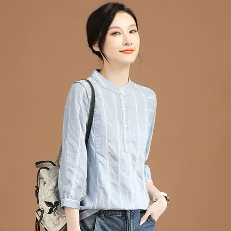 韩潮袭人法式高级感衬衫春夏2024新款七分袖条纹立领中袖女士衬衣图片