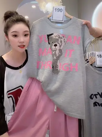 卡通熊字母减龄圆领t恤女夏2023新款冰丝针织宽松减龄洋气上衣潮商品大图