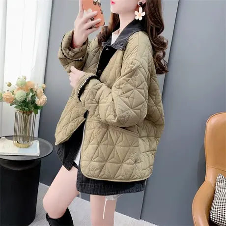 设计感牛仔拼接假两件棉服外套女2023年新款秋冬宽松爆款时尚上衣商品大图