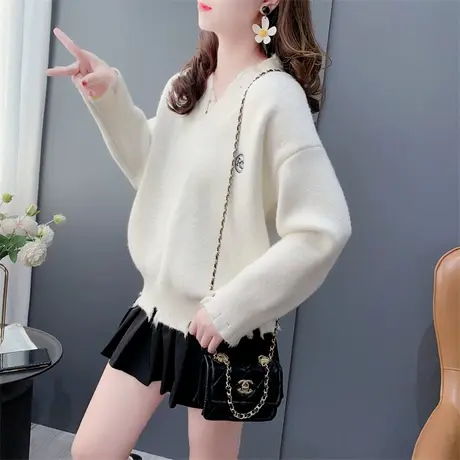 设计感破洞刺绣V领毛衣女套头秋冬2023年新款宽松百搭针织衫上衣商品大图