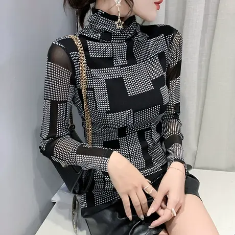 半高领打底衫女春秋2024新款时尚网纱长袖T恤加绒紧身内搭上衣潮商品大图