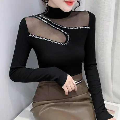 性感网纱拼接T恤女长袖秋冬内搭加厚抓绒打底衫半高领钉珠上衣ins商品大图