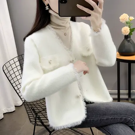 秋季小香风女士水貂绒短外套女2022年新款爆款毛衣开衫女上衣春秋图片