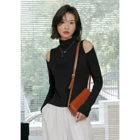 弥古黑色莫代尔打底衫女半高领长袖薄款t恤春秋针织内搭露肩上衣图片