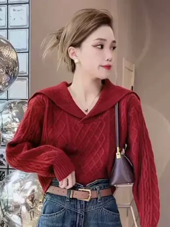 设计感小众毛衣女高腰短款大翻领秋季新款娃娃领毛衣针织衫上衣潮图片