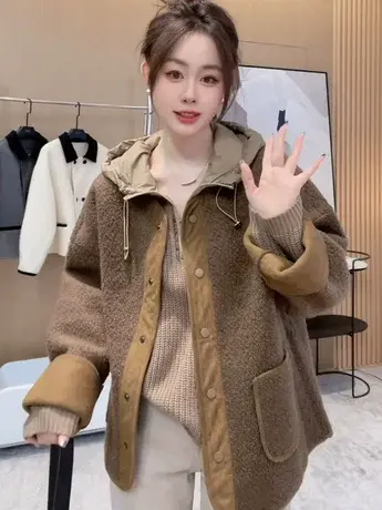 羊羔绒外套女2023秋冬时尚新款拼接毛呢子大衣宽松百搭上衣ins潮商品大图
