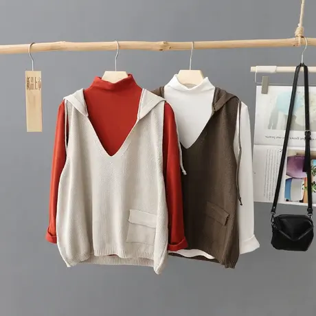 秋装2024年新款文艺连帽V领套头针织马甲女宽松百搭外套毛衣坎肩图片
