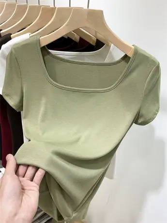 法式锁骨方领上衣女2022新款夏天抹茶绿U领短袖t恤修身内搭打底衫商品大图
