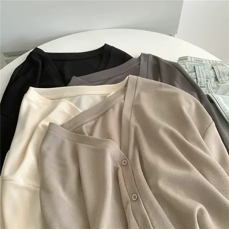 韩国气质长袖开衫女早秋宽松大码V领高级灰色用慵懒风长袖外套女商品大图