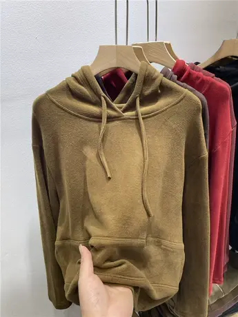 欧货连帽不规则拼接双面德绒卫衣女2023秋冬新款宽松加厚保暖上衣图片