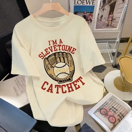 短袖女欧货大码oversize美式复古纯棉t恤女潮ins嘻哈风正肩上衣夏商品大图