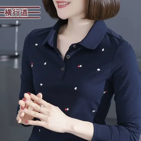 娃娃领绣花简约翻领修身春装长袖t恤女上衣打底衫薄款妈妈莫代尔商品大图