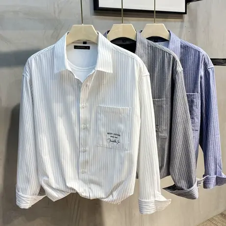 韩版时尚条纹男士长袖休闲衬衫2023秋季新品舒适棉质外穿长衬衣男商品大图