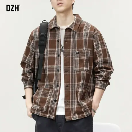 男士格子衬衫男长袖美式复古情侣装休闲宽松上衣外搭衬衣秋季外套商品大图