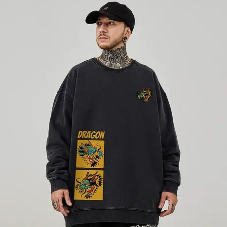 2024龙年加肥加大码圆领重磅复古胖子男装宽松做旧加绒卫衣春秋季商品大图