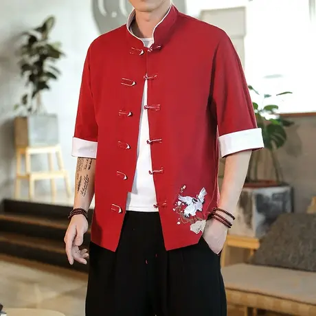 中国风薄款夏季青年男唐装宽松棉麻半袖盘扣衬衫中式茶服亚麻上衣图片