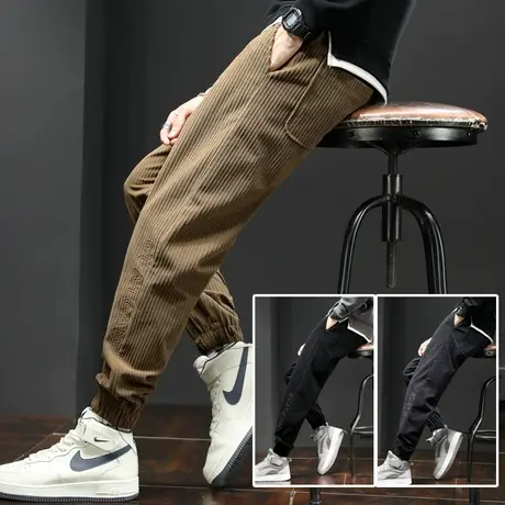 秋冬季男士运动休闲裤子2023新款灯芯绒条绒潮流百搭男裤束脚哈伦商品大图