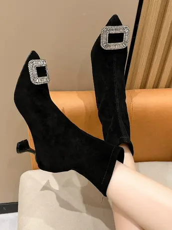 尖头短靴女2023新款法式细跟绒面袜靴小众水钻时尚高跟弹力瘦瘦靴商品大图