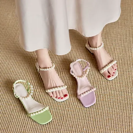 小众凉鞋女夏平底2021年新款仙女风珍珠晚晚风温柔配裙子罗马女鞋商品大图