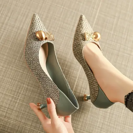 法式高跟鞋女尖头低跟2023年春季新款气质编织小香风浅口细跟单鞋图片