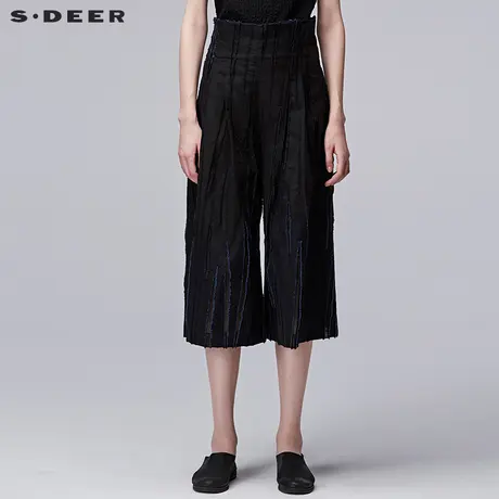 sdeer圣迪奥2019夏装抽丝毛边高腰线条拼接阔腿七分裤女S17280832商品大图