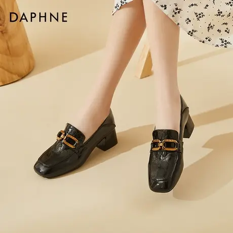 达芙妮黑色高跟鞋女2022年新款夏季粗跟方头不累脚漆皮单鞋乐福鞋图片
