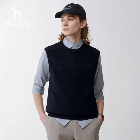【羊毛混纺】Hazzys哈吉斯秋冬休闲男士圆领背心保暖无袖外套上衣商品大图