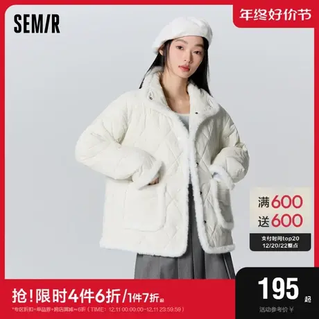 森马棉服女薄款肌理立领气质2023新款冬季时尚毛边菱格外套温柔系图片