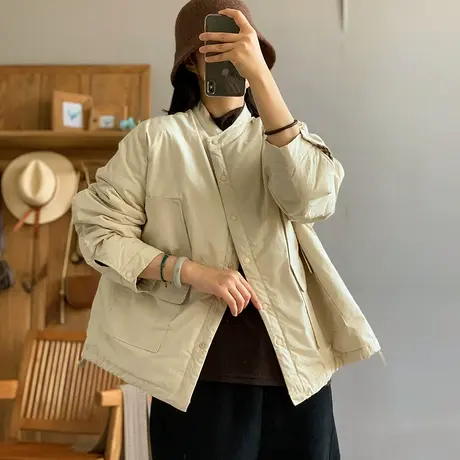 dza 复古宽松纯色立领大口袋棉衣外套女秋冬外穿棉服上衣保暖棉袄图片